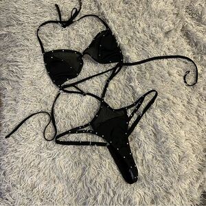 Black crystal rhinestone one piece stripper exotic dancer bikini